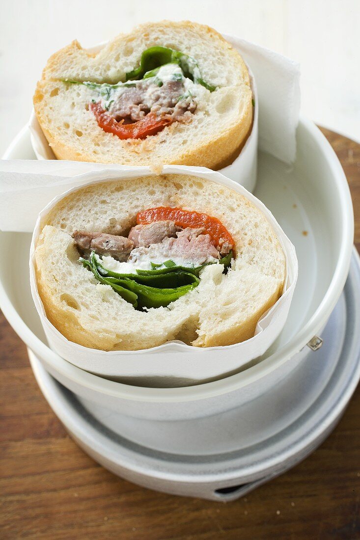 Pork, pepper and spring onion baguette sandwiches