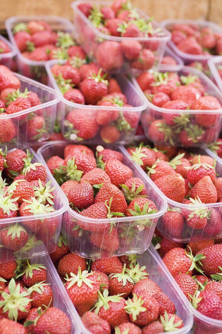 Strawberries in punnets at a market