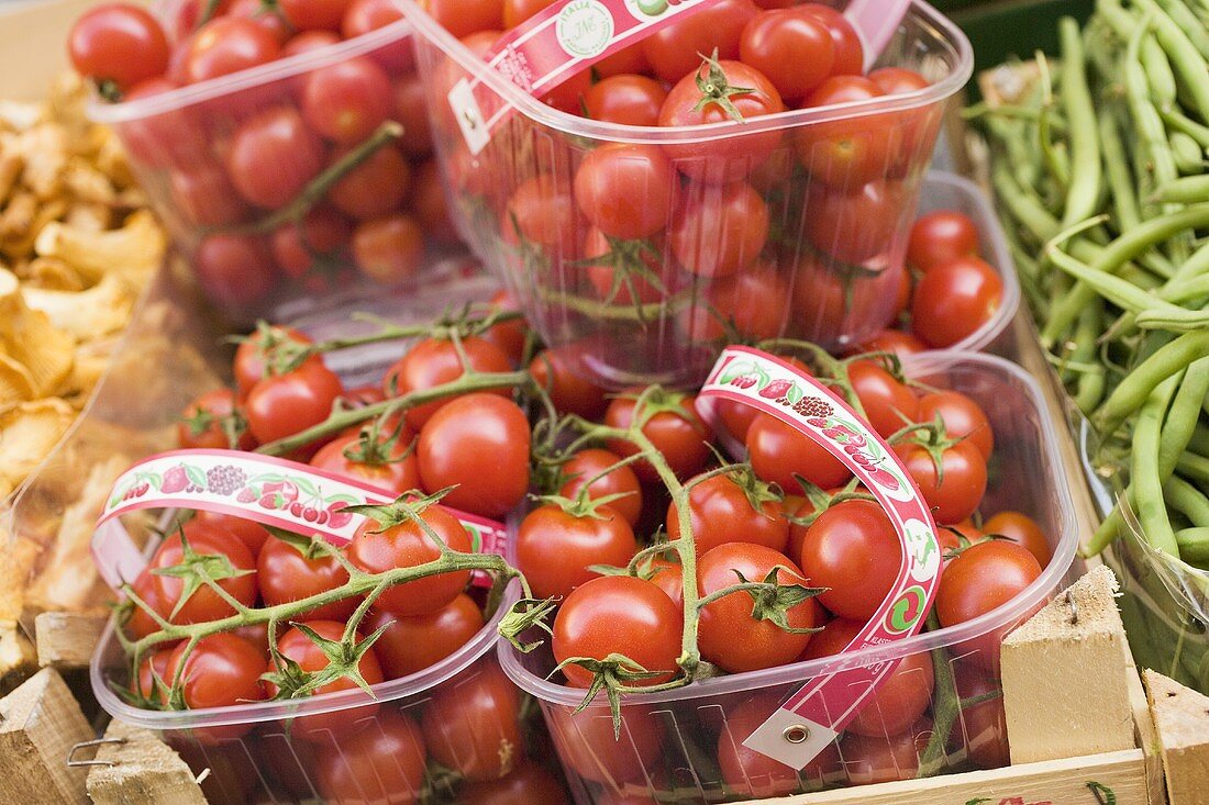 Vine tomatoes in punnets at a market
