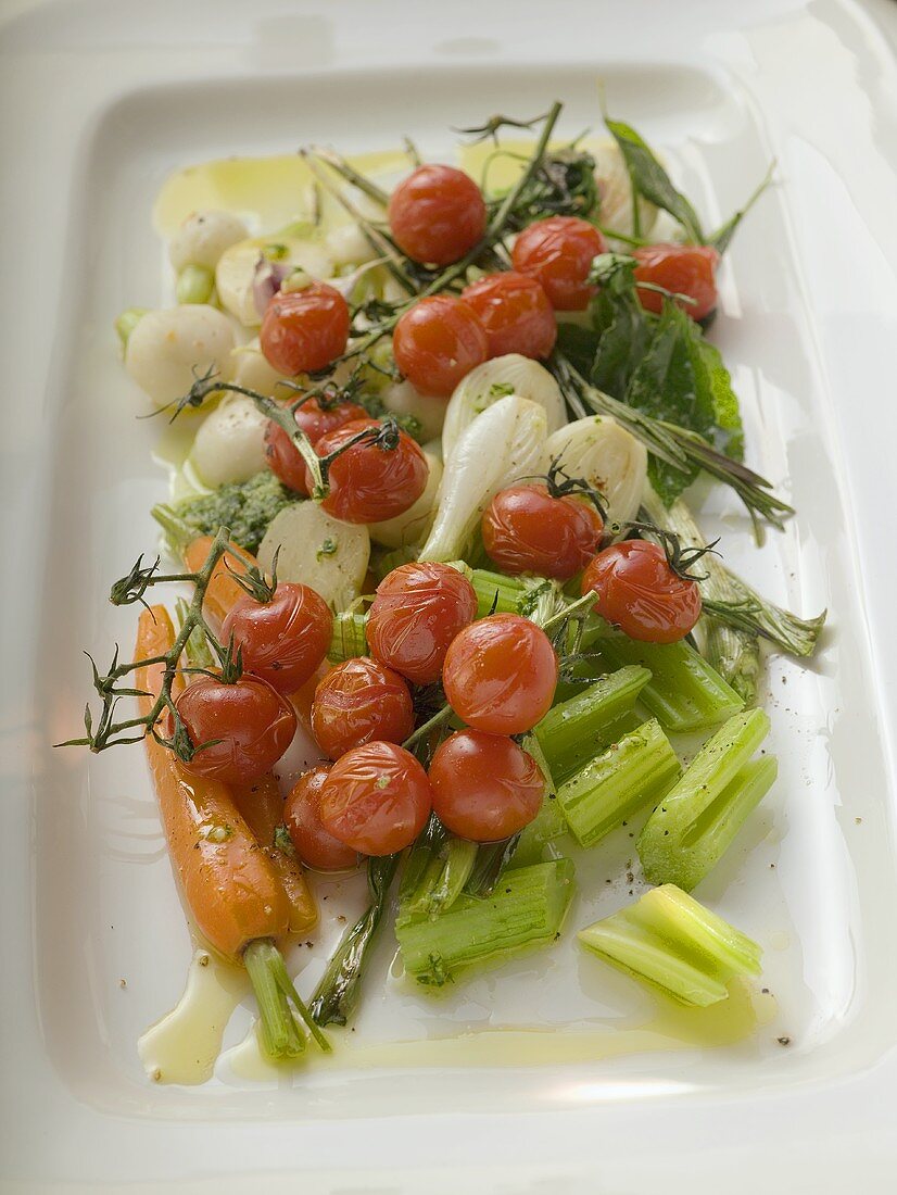 Roasted cherry tomatoes, celery, spring onions, carrots