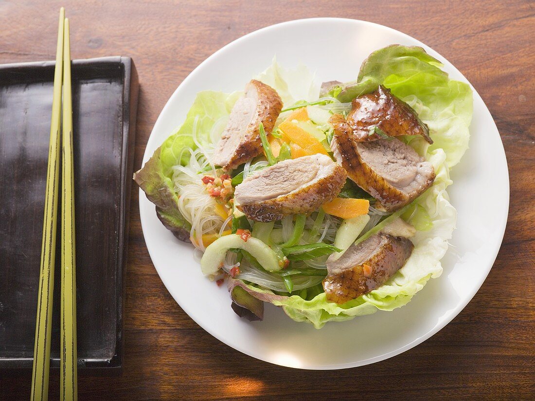 Salat mit gebratener Entenbrust, Gemüse, Glasnudeln (Asien)