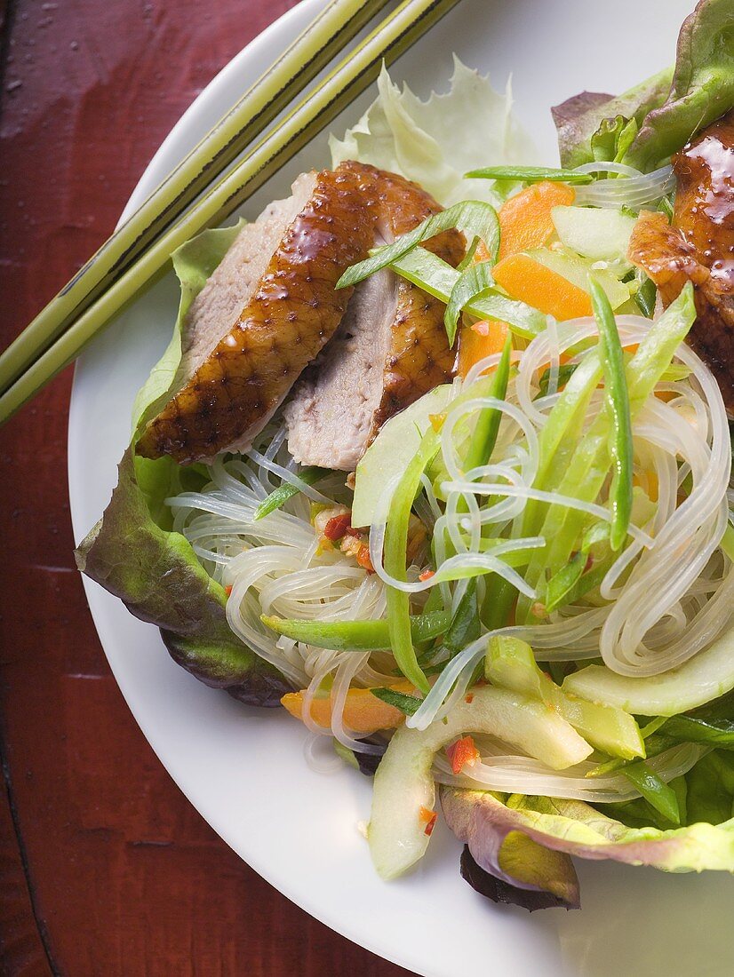 Salat mit gebratener Entenbrust, Gemüse, Glasnudeln (Asien)