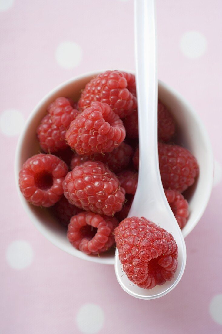 Raspberries in small bowl with spoon