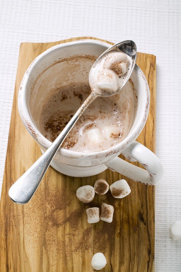 Cup of cocoa (almost empty) with marshmallows