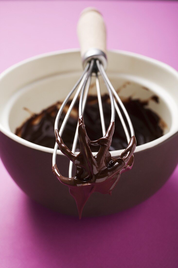 Remains of chocolate sauce in pot and on whisk