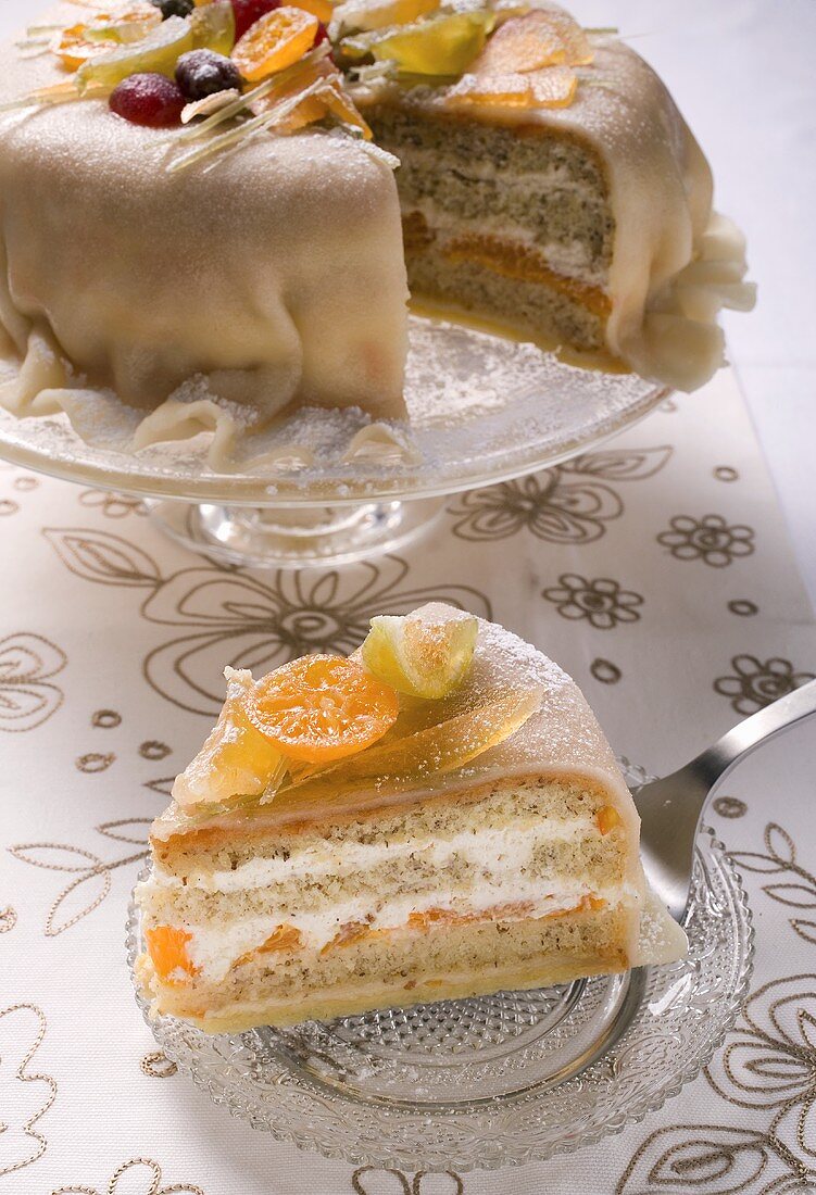 Marzipan-covered cake with candied fruit