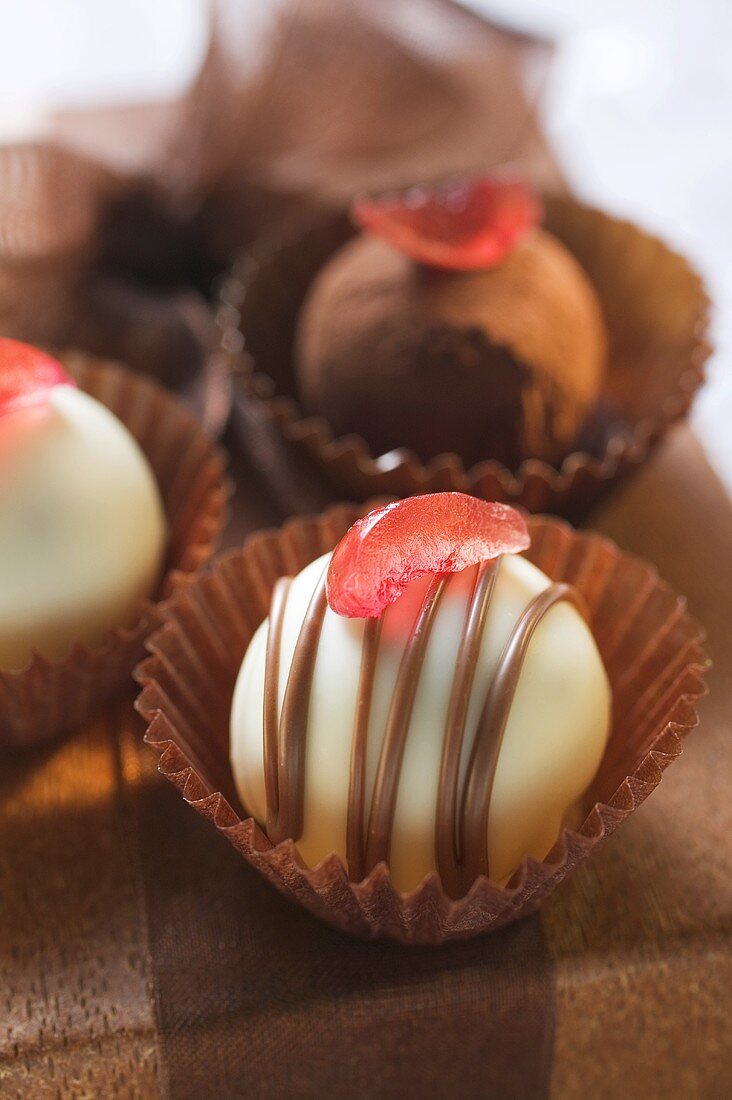 Schokoladenpralinen auf Geschenkschachtel (Close Up)