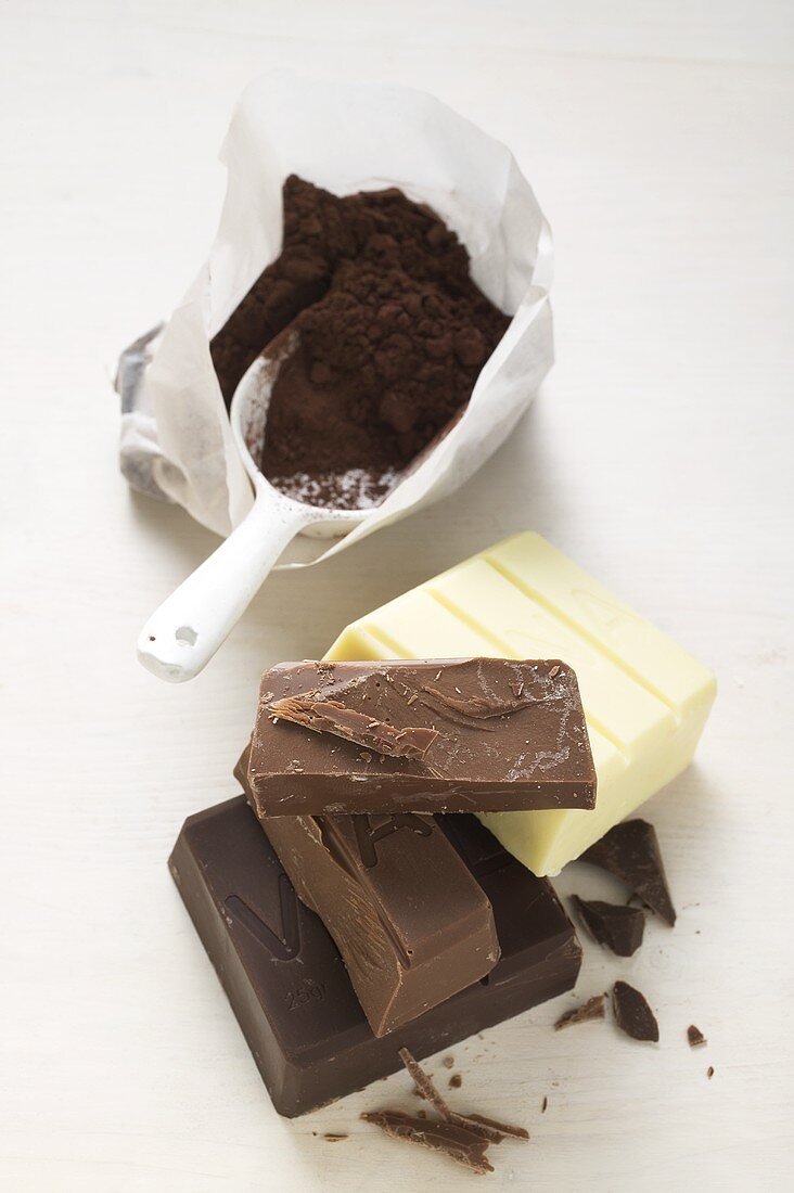 Kakaopulver in Tüte mit Schaufel, daneben Schokoladenstücke