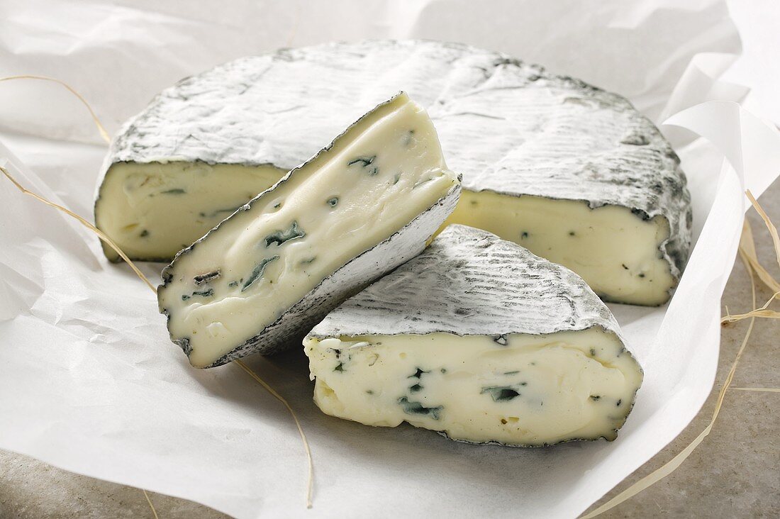 Blue cheese with pieces cut on paper