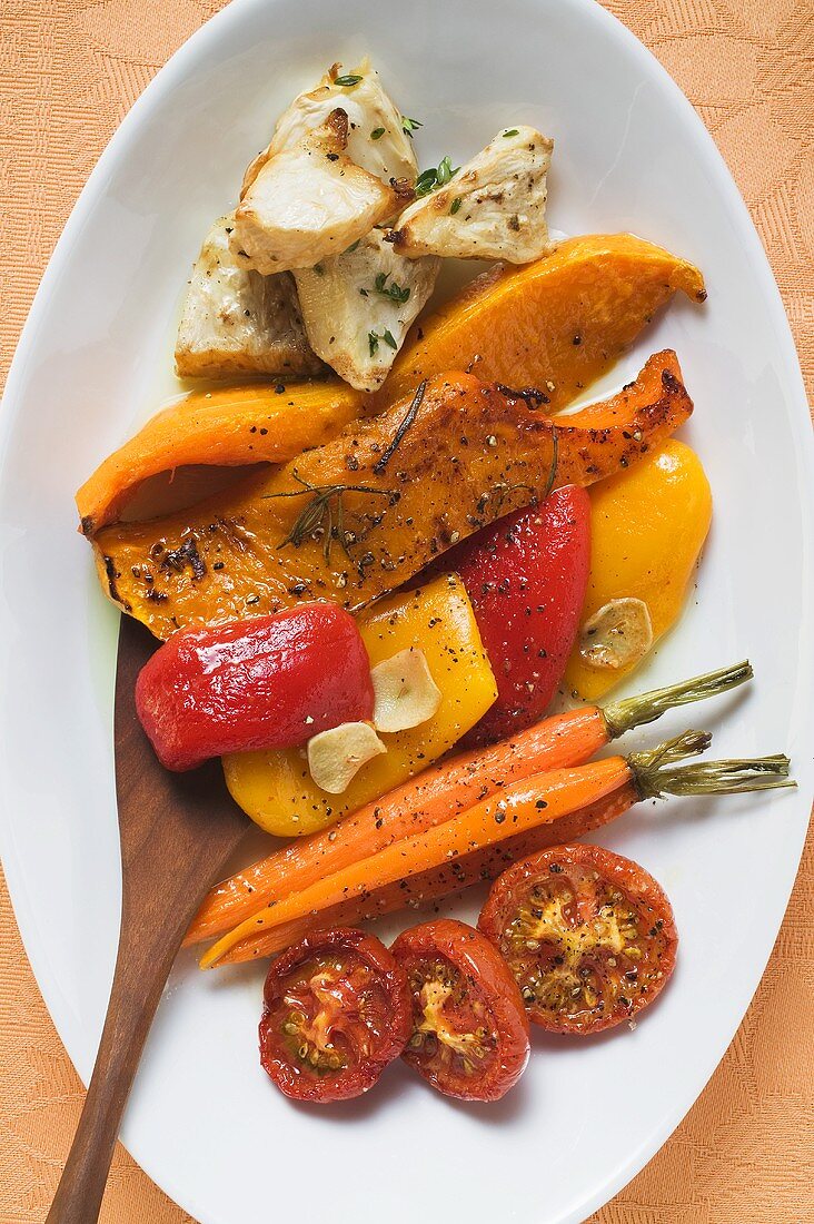 Roasted vegetables on platter