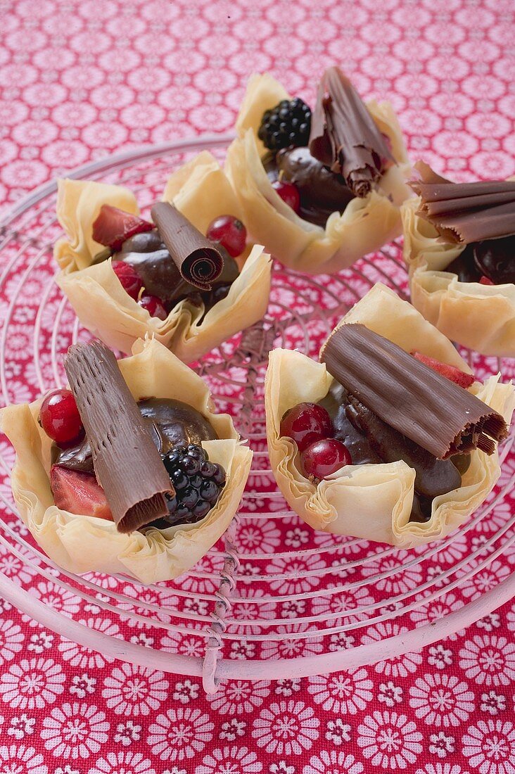 Yufka pastry tarts with berries and chocolate rolls