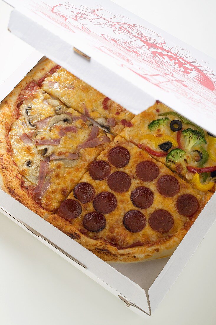 Pizza mit Schinken, Peperoniwurst, Gemüse (amerikanische Art)