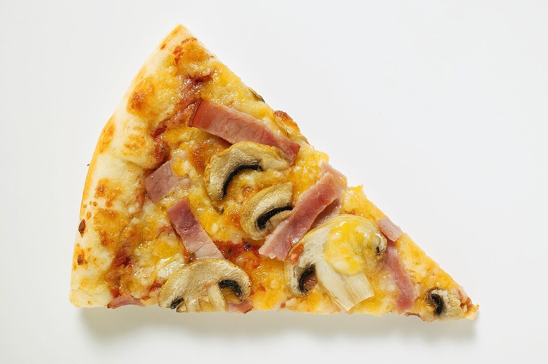 Slice of American-style ham and mushroom pizza