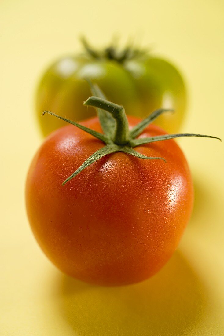 Zwei verschiedene Tomaten auf gelbem Untergrund