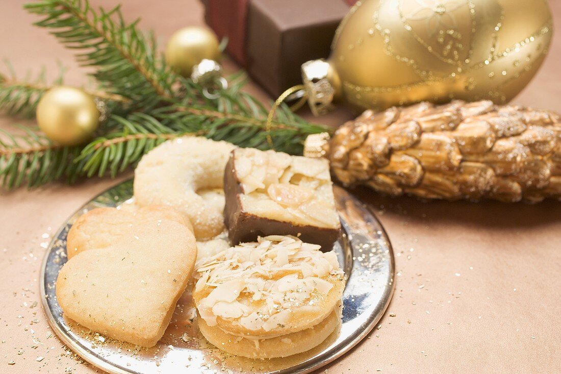 Assorted Christmas biscuits on silver plate