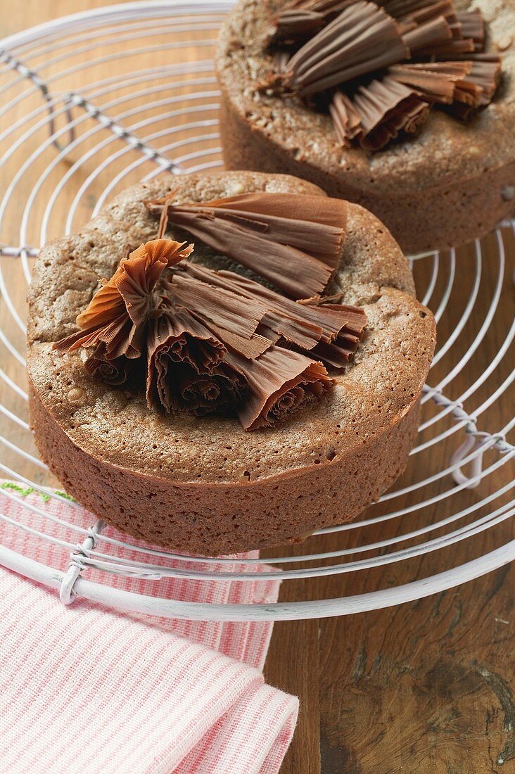 Two chocolate cakes decorated with chocolate fans