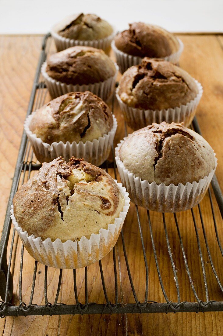 Several chocolate and vanilla muffins in paper cases