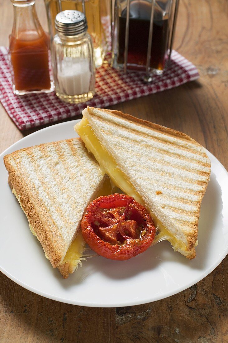 Toasted cheese sandwiches & grilled tomato on plate,  seasonings