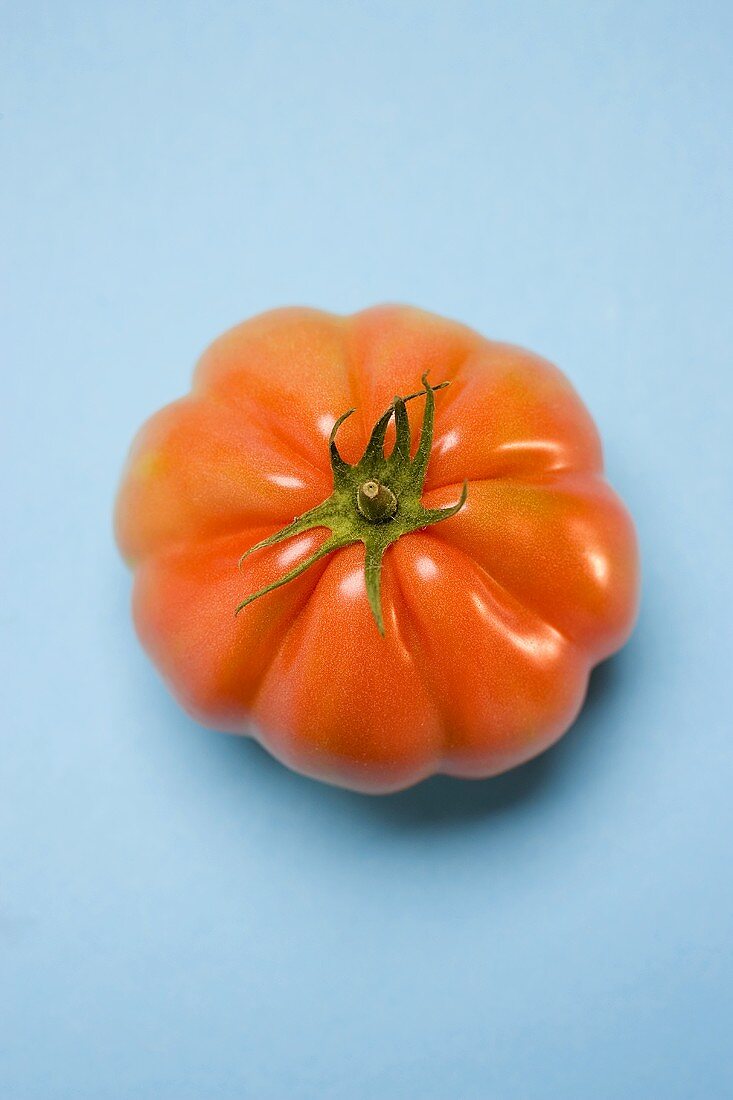 Tomate auf hellblauem Untergrund (Draufsicht)