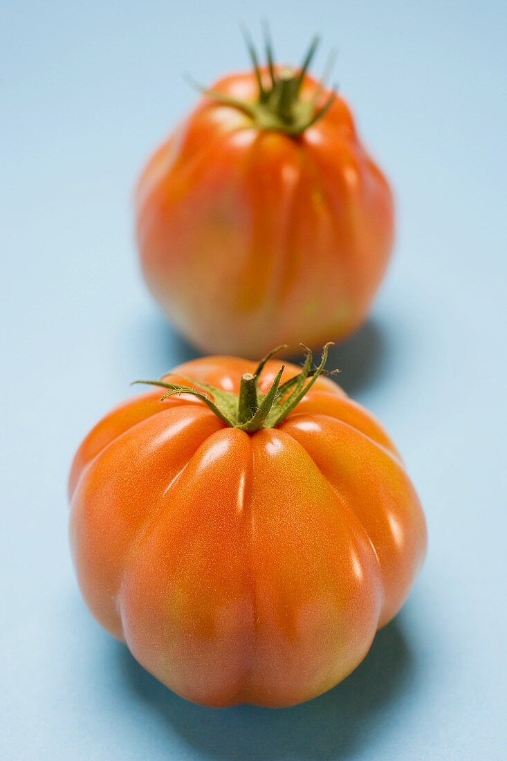 Zwei Tomaten auf hellblauem Untergrund