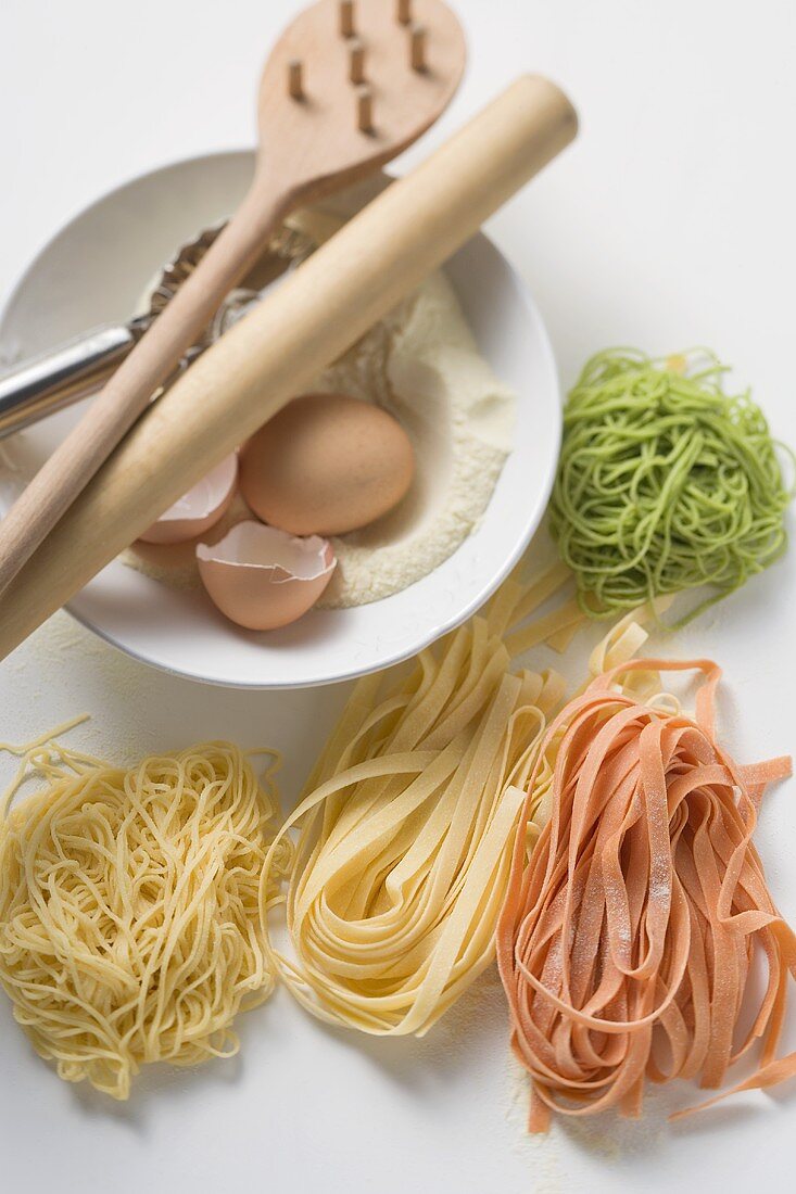 Home-made coloured pasta with ingredients
