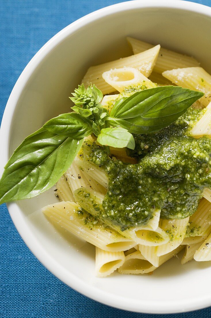 Penne mit Pesto und frischem Basilikum