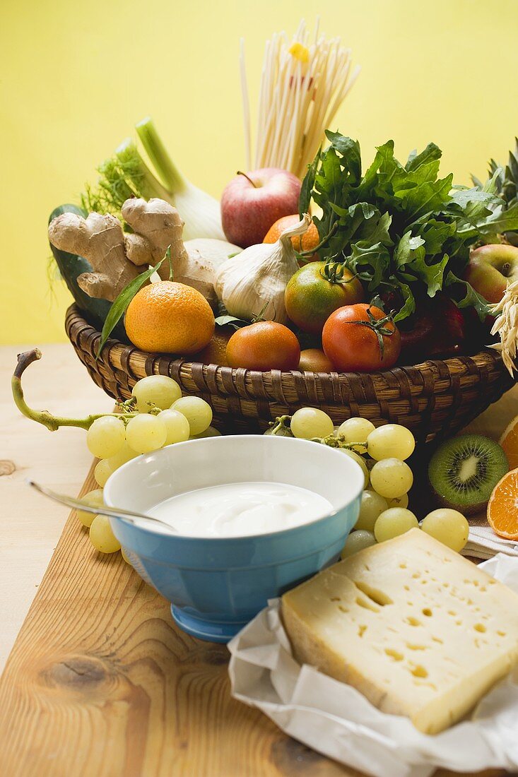 Fresh vegetables, fruit, cheese and yoghurt