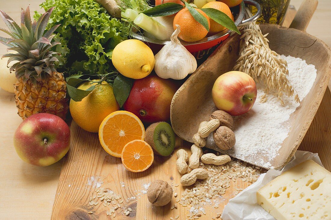 Fresh vegetables, fruit, nuts, flour and cheese