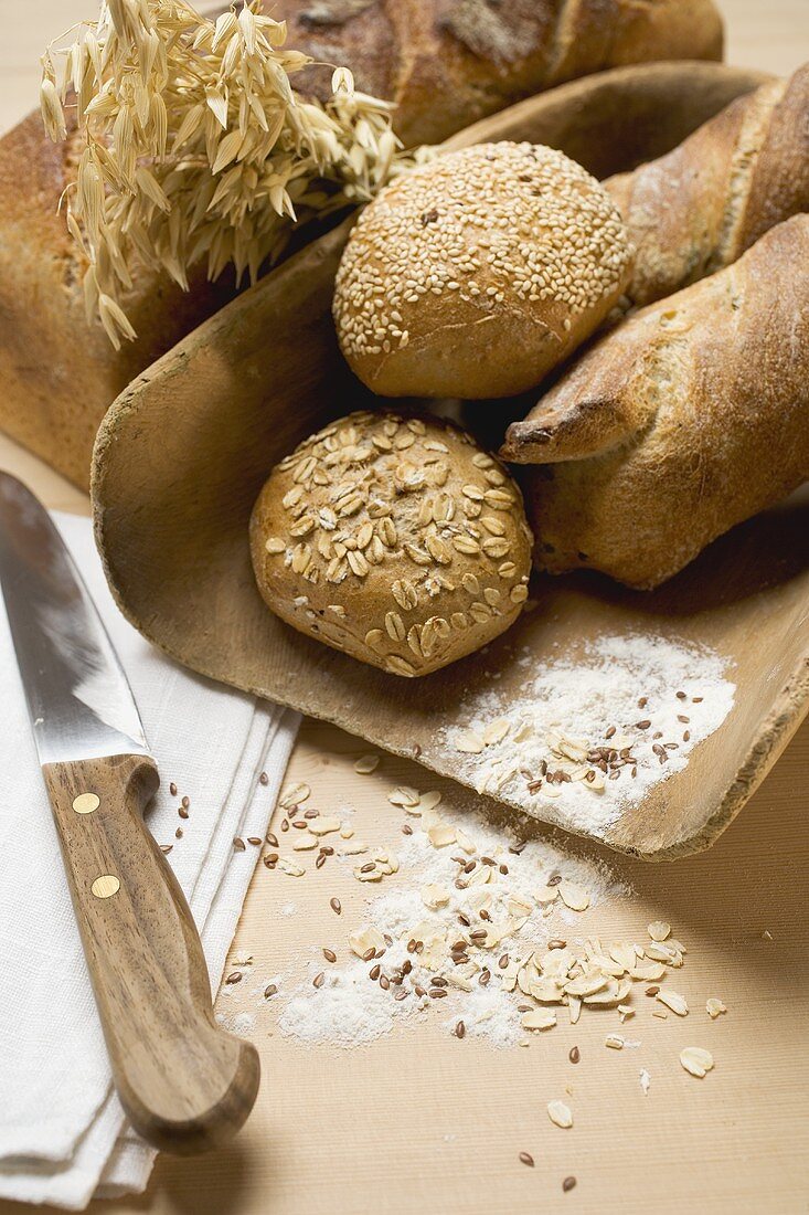 Baguettes & wholemeal rolls in wooden scoop in front of tin loaf