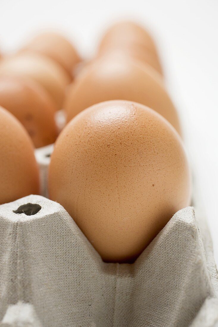 Brown eggs in an egg box