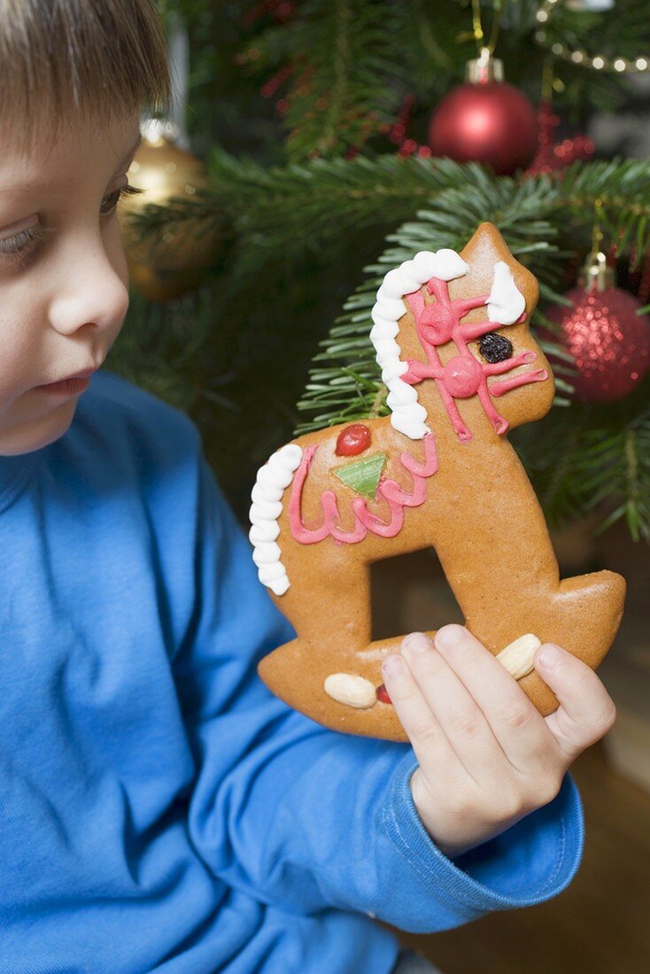 Child holding gingerbread rocking horse in front of Xmas tree