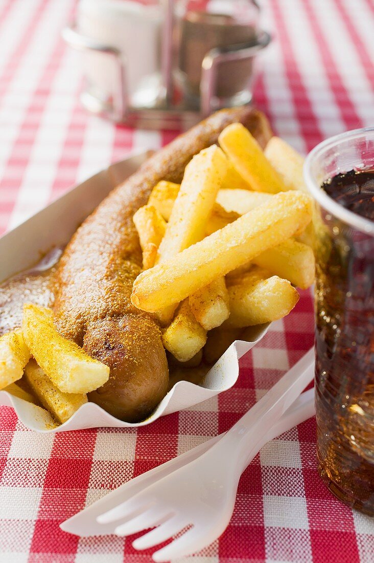 Currywurst mit Ketchup, Pommes und Cola im Restaurant