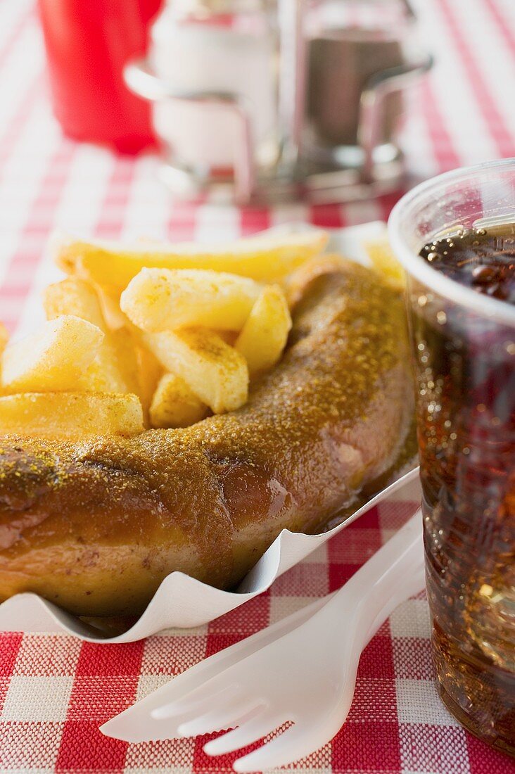 Currywurst mit Pommes frites und Cola im Restaurant