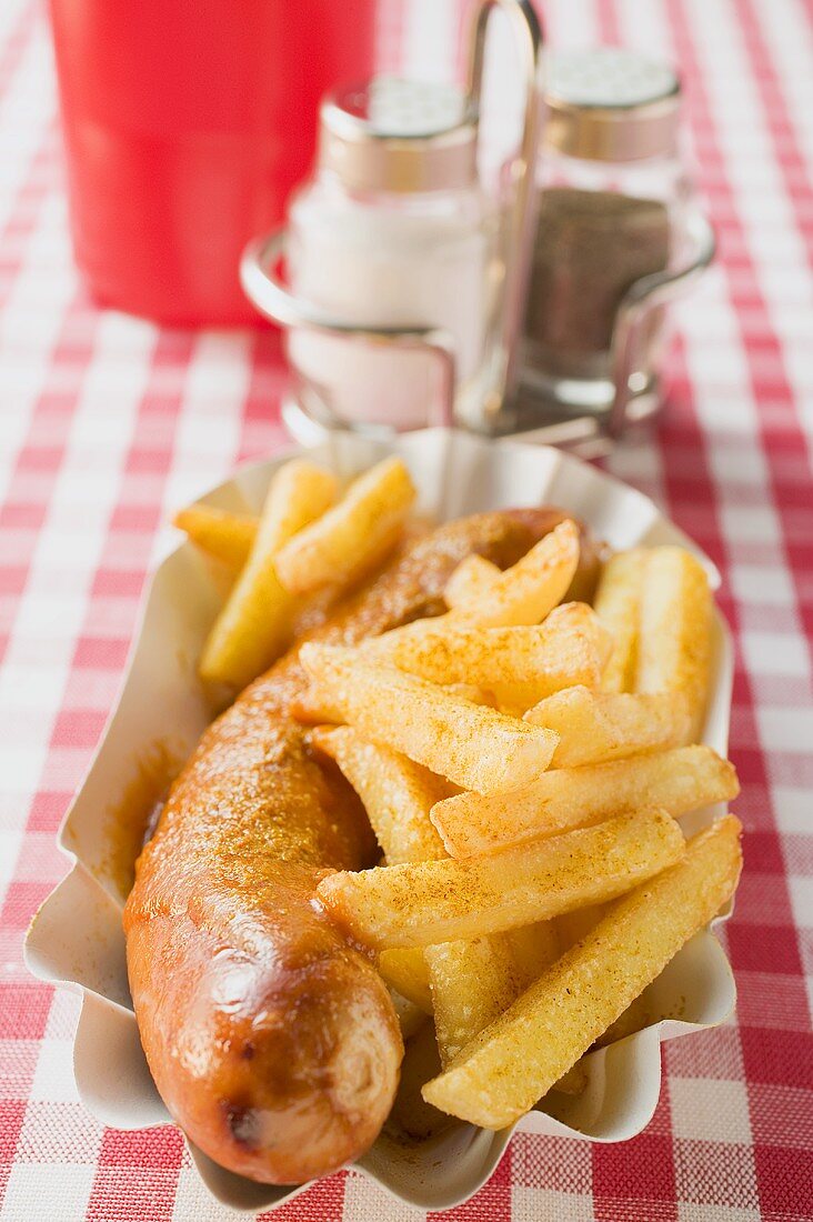 Currywurst mit Pommes frites auf Pappteller im Restaurant