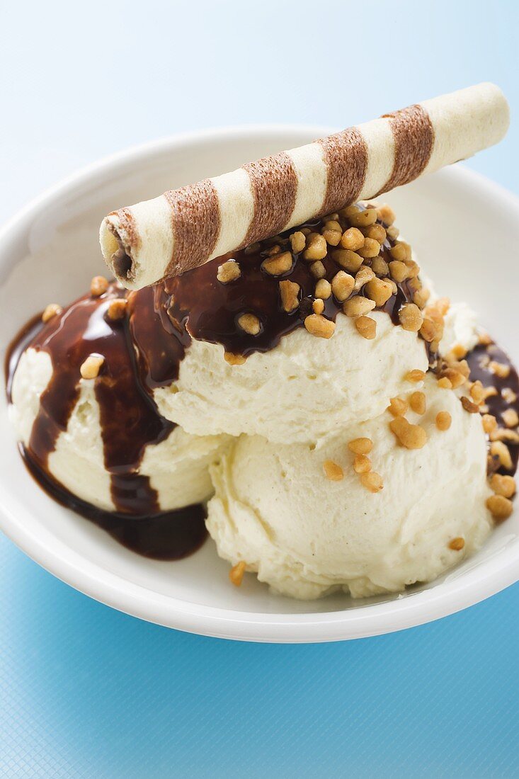 Vanilla ice cream with chocolate sauce, nuts & wafer curl