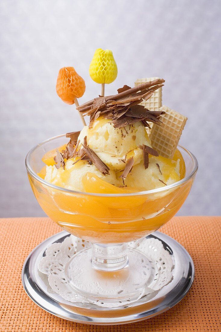 Fruity ice cream sundae with apricots & chocolate shavings