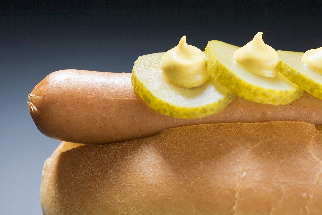 Hot dog with gherkins and mustard (close-up)