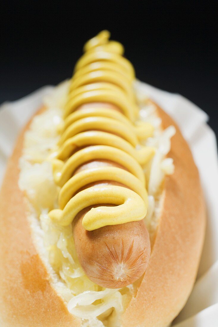 Hot dog with sauerkraut and mustard