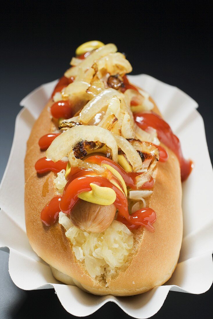 Hot dog with sauerkraut, mustard, ketchup and onions
