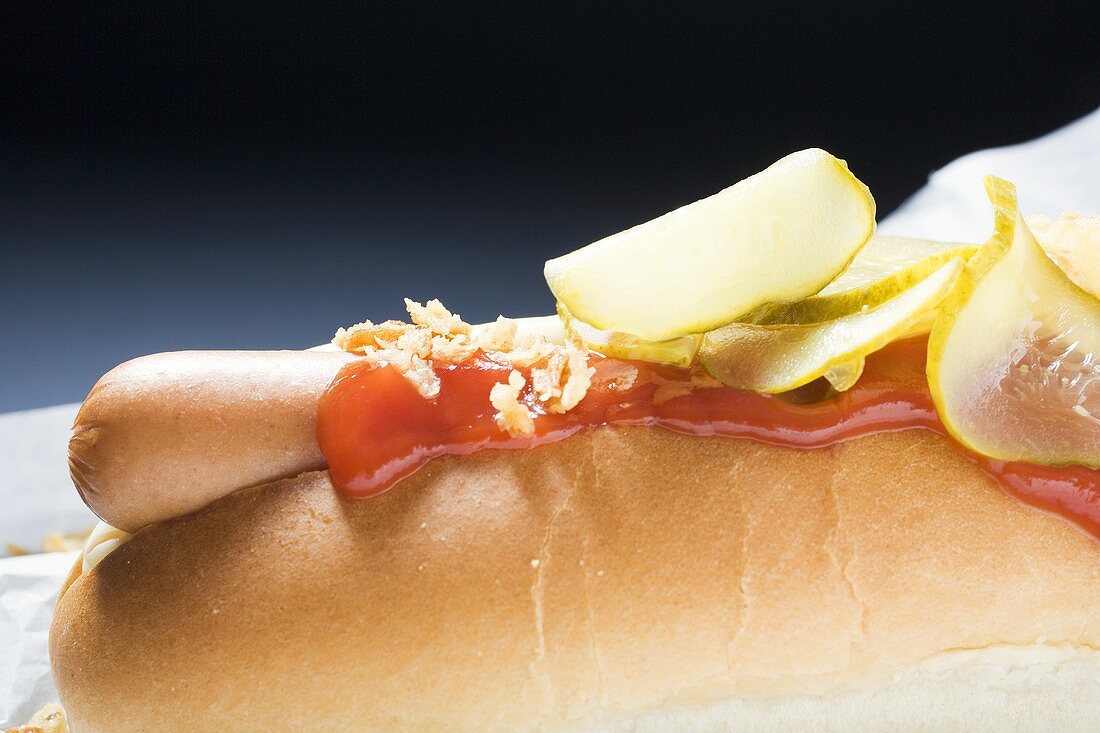 Hot dog with ketchup and gherkins (detail)