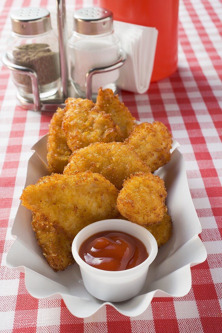 Chicken Nuggets mit Ketchup auf Pappteller im Imbisslokal