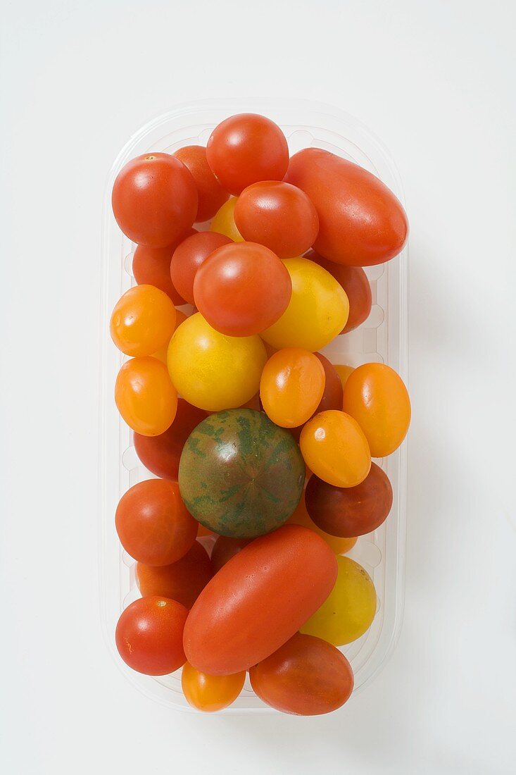 Verschiedene Tomaten in Plastikschale (Draufsicht)