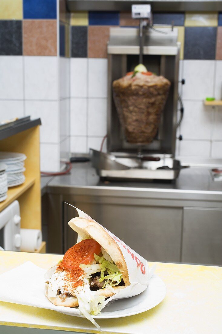 Döner kebab on a snack bar counter
