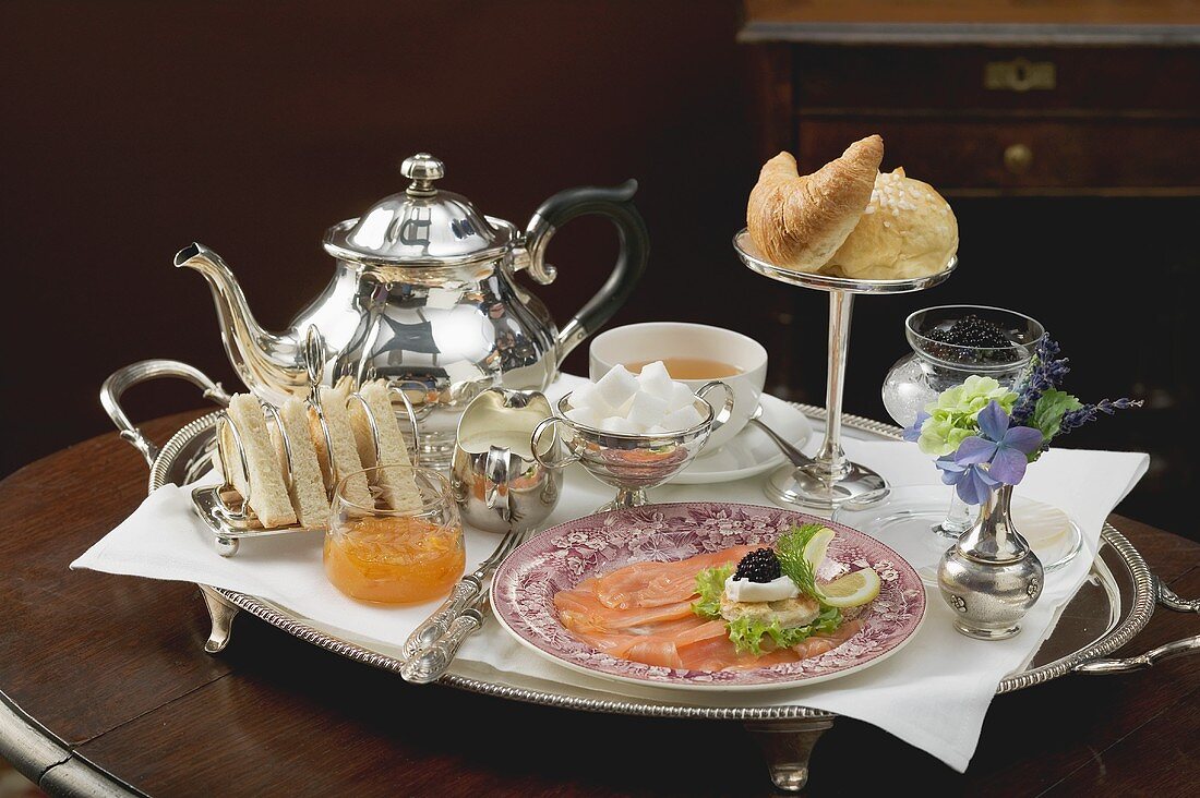 Luxury breakfast tray in stylish setting