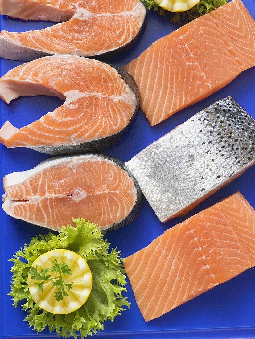 Fresh salmon fillets and salmon cutlets (overhead view)