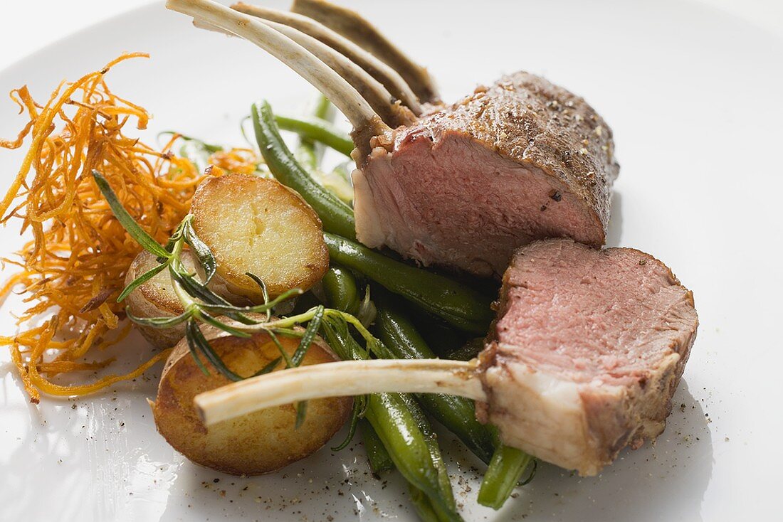 Rack of lamb with potatoes and green beans