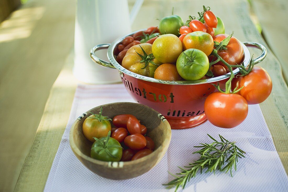 Various types of tomatoes in wooden bowl and colander