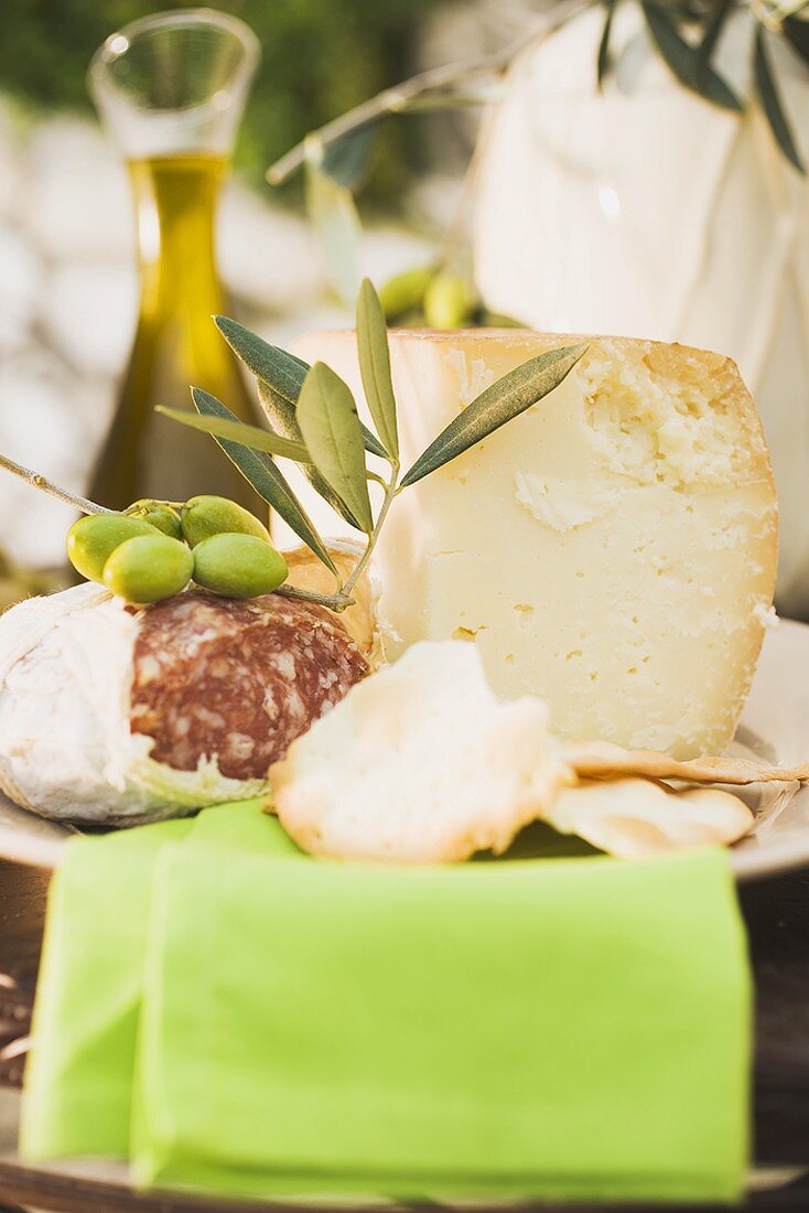 Käse, Salami, Oliven, Cracker, Olivenöl auf Tisch im Freien