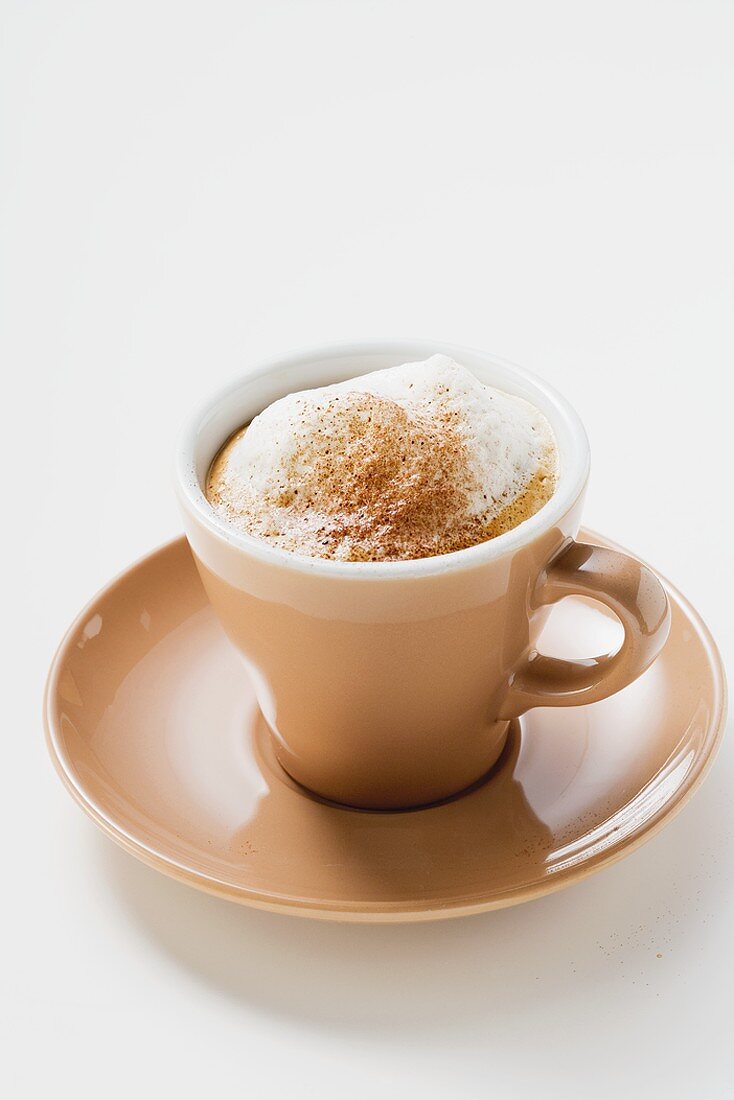 Cup of cappuccino with milk froth and cocoa powder