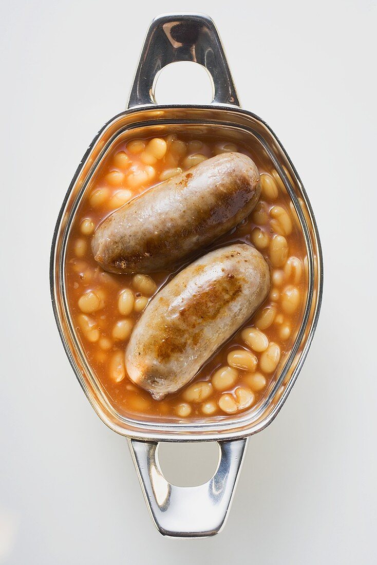 Baked beans with sausages (overhead view)